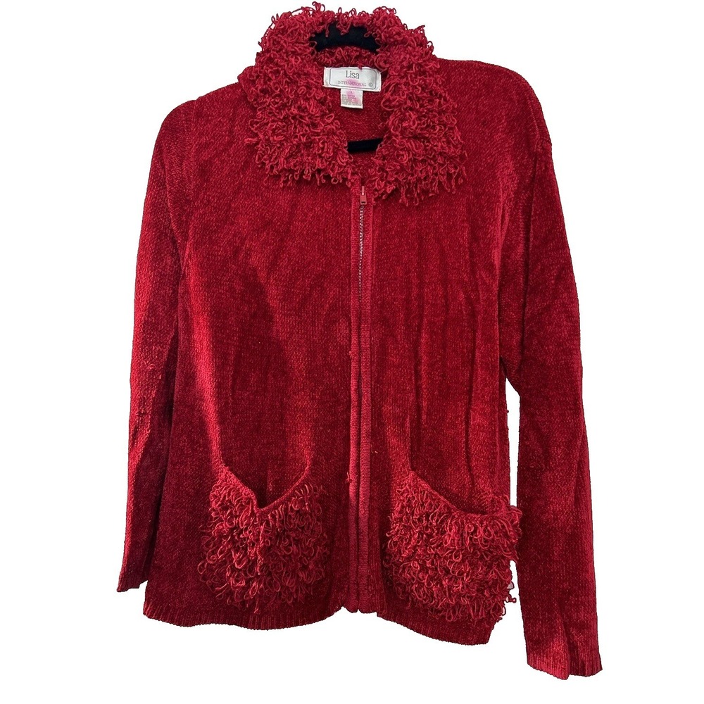 Lisa‎ International Womens Red Chenille Zip Up Cardigan Fringe Trim Pockets L